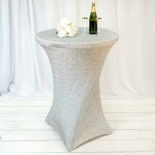 Add a Touch of Glamour with the Silver Metallic Shiny Glittered Spandex Cocktail Table Cover