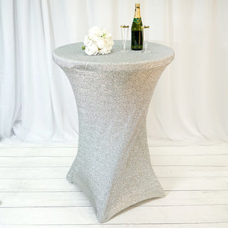 Add a Touch of Glamour with the Silver Metallic Shiny Glittered Spandex Cocktail Table Cover Add a Touch of Glamour with the Silver Metallic Shiny Glittered Spandex Cocktail Table Cover