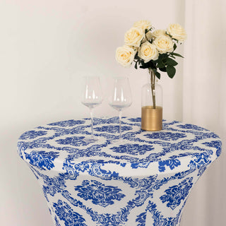 <span>Royal Blue Damask Spandex Table Cover - A Perfect Fit for Highboy Tables</span> <span>Royal Blue Damask Spandex Table Cover - A Perfect Fit for Highboy Tables</span>