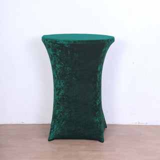Introducing the Captivating Hunter Emerald Green Crushed Velvet Spandex Fitted Round Highboy Cocktail Table Cover Introducing the Captivating Hunter Emerald Green Crushed Velvet Spandex Fitted Round Highboy Cocktail Table Cover