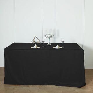 Add Elegance to Your Event with the 6ft Black Fitted Polyester Rectangular Table Cover Add Elegance to Your Event with the 6ft Black Fitted Polyester Rectangular Table Cover