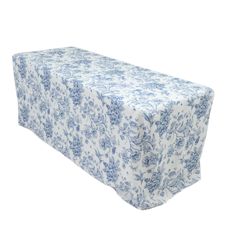 French Toile Fitted Tablecloth 6ft – Blue & White Rectangular Polyester Wrinkle-Resistant Table
