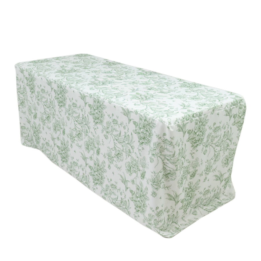French Toile Fitted Tablecloth 6ft – Dusty Sage Green & White Rectangular Polyester