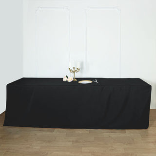 Elevate Your Event with the 8ft Black Fitted Polyester Rectangular Table Cover Elevate Your Event with the 8ft Black Fitted Polyester Rectangular Table Cover