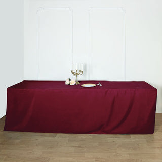 Elevate Your Event with the 8ft Burgundy Fitted Polyester Rectangular Table Cover Elevate Your Event with the 8ft Burgundy Fitted Polyester Rectangular Table Cover