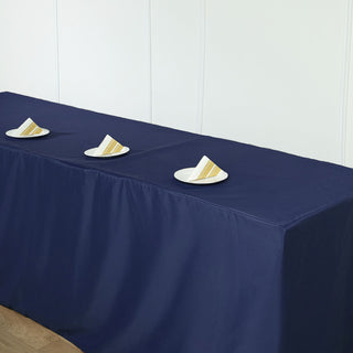 Elevate Your Event with the 8ft Navy Blue Fitted Polyester Rectangular Table Cover Elevate Your Event with the 8ft Navy Blue Fitted Polyester Rectangular Table Cover