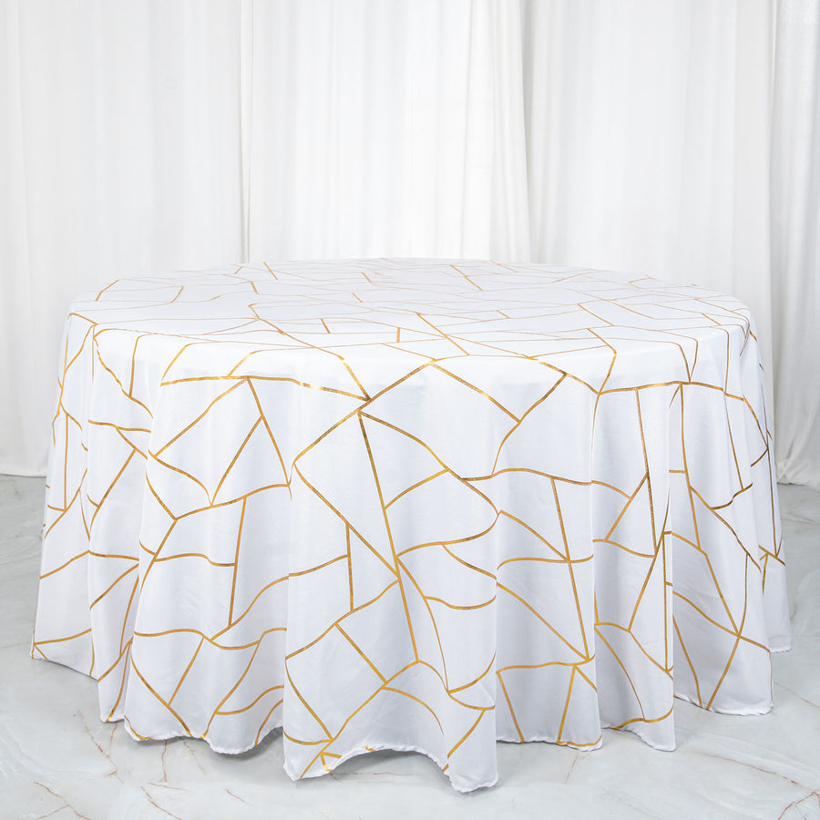 120inch White Round Polyester Tablecloth With Gold Foil Geometric Pattern