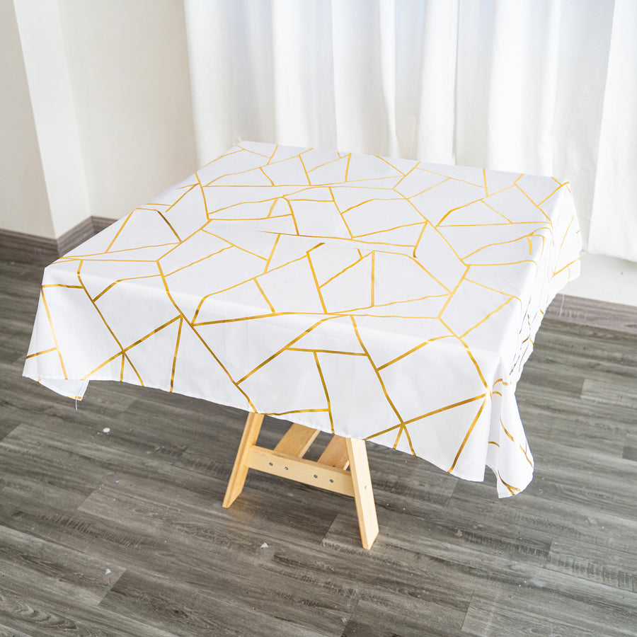 54"x54" White Polyester Square Tablecloth With Gold Foil Geometric Pattern