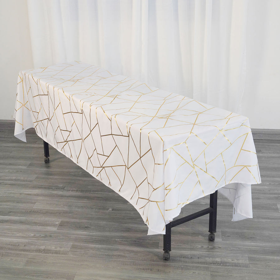 60"x102" White Rectangle Polyester Tablecloth With Gold Foil Geometric Pattern
