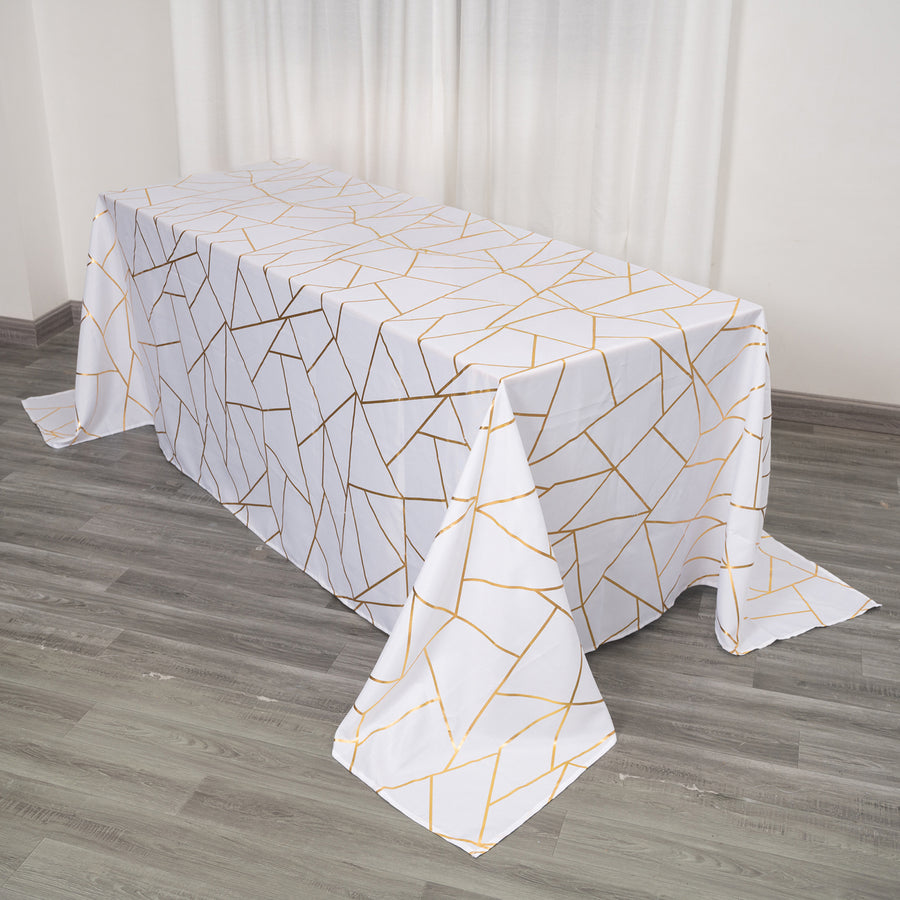 90inch x 132inch White Rectangle Polyester Tablecloth With Gold Foil Geometric Pattern