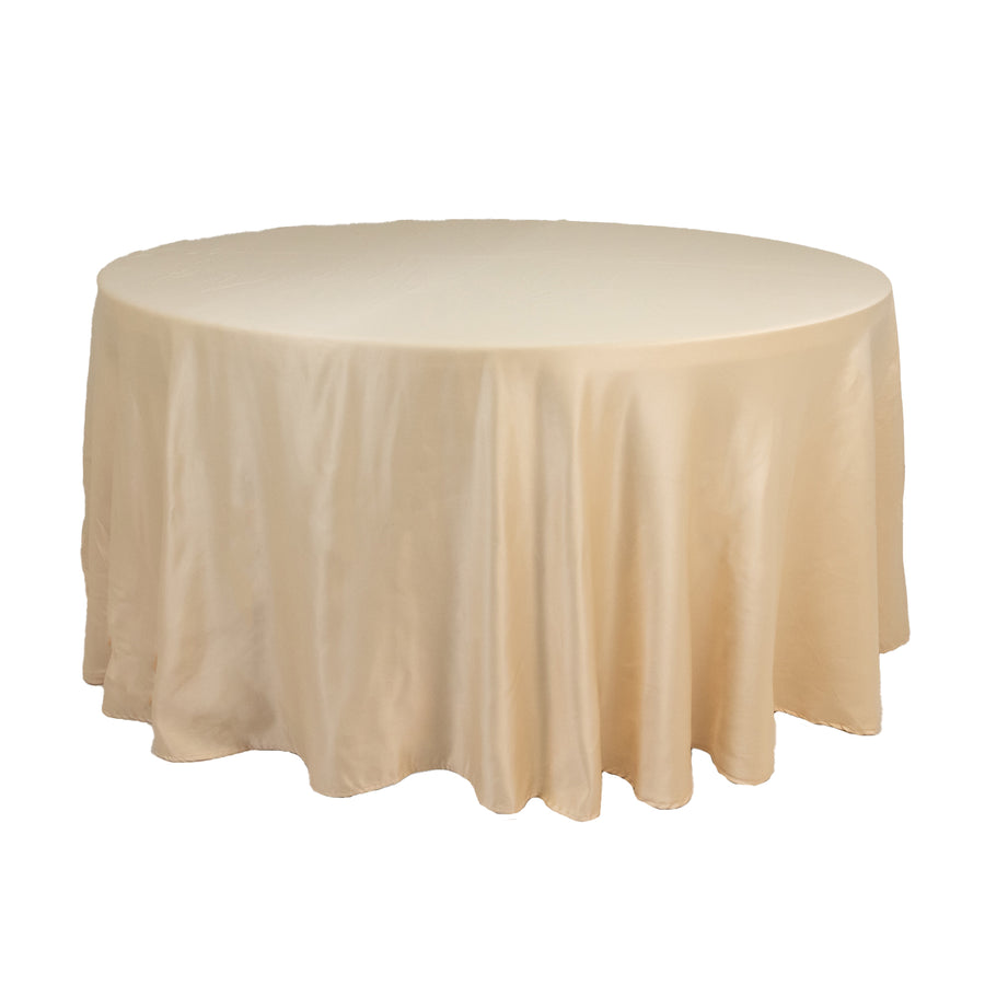 120 Beige Seamless Lamour Satin Round Tablecloth for 5 Foot Table With Floor-Length Drop