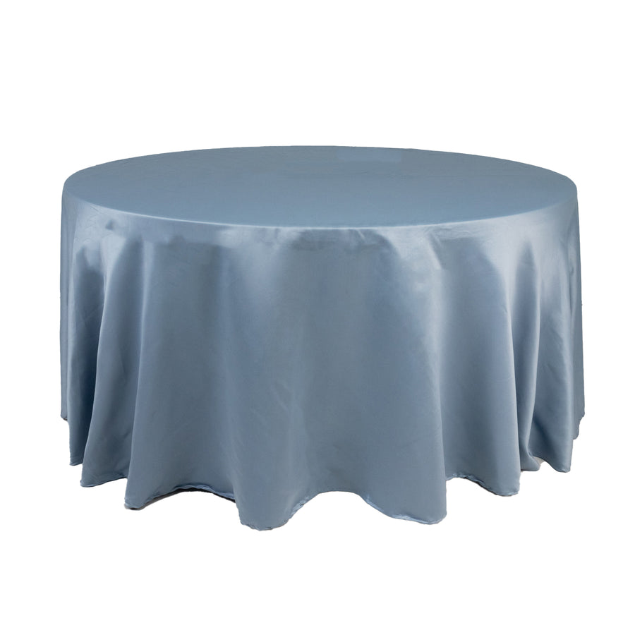 120 Dusty Blue Seamless Lamour Satin Round Tablecloth for 5 Foot Table With Floor-Length Drop