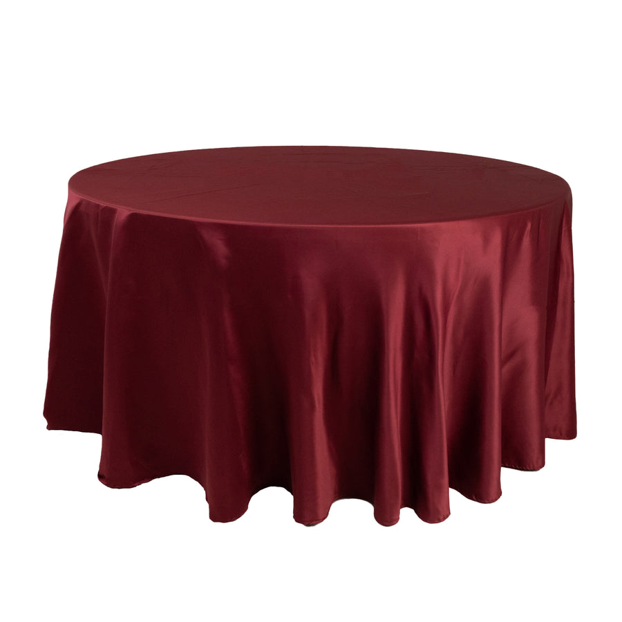 120 Burgundy Seamless Lamour Satin Round Tablecloth for 5 Foot Table With Floor-Length Drop