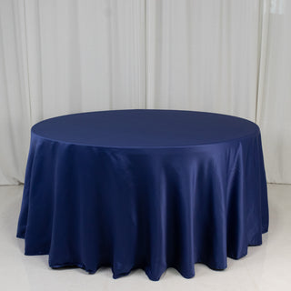 <strong>Seamless Navy Blue Lamour Satin Round Tablecloth 120”</strong> <strong>Seamless Navy Blue Lamour Satin Round Tablecloth 120”</strong>