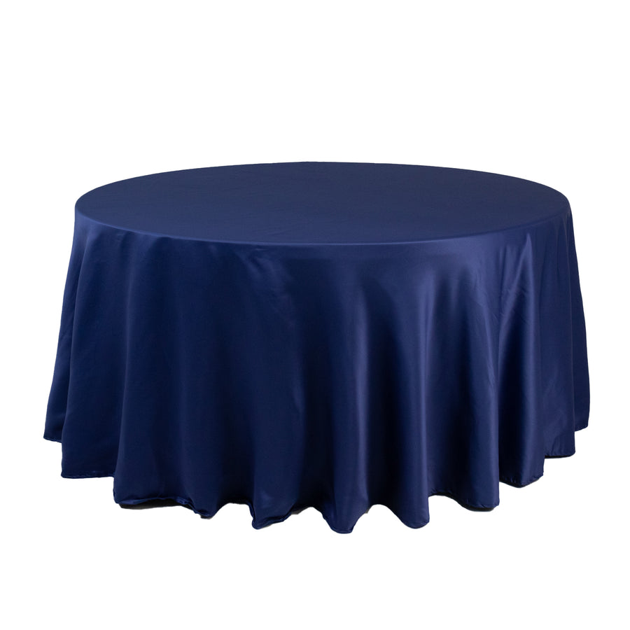 120 Navy Blue Seamless Lamour Satin Round Tablecloth for 5 Foot Table With Floor-Length Drop