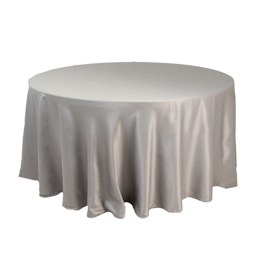120inch Silver Seamless Lamour Satin Round Tablecloth for 5 Foot Table With Floor-Length