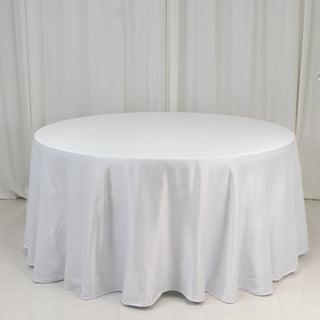 <strong>Seamless White Lamour Satin Round Tablecloth 120”</strong> <strong>Seamless White Lamour Satin Round Tablecloth 120”</strong>
