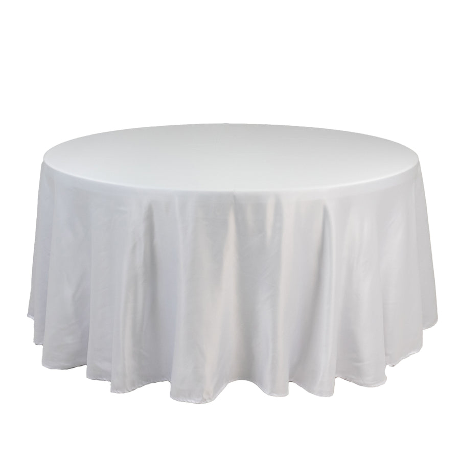 White Seamless Lamour Satin Round Tablecloth for 5 Foot Table With Floor-Length Drop