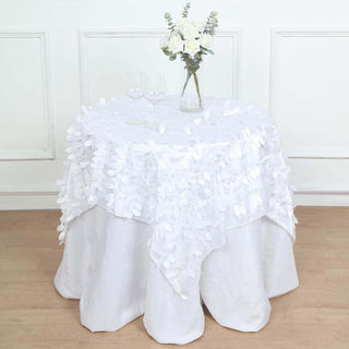 A Timeless Addition to Your Table Decor: 54" White 3D Leaf Petal Taffeta Fabric Square Table Overlay A Timeless Addition to Your Table Decor: 54" White 3D Leaf Petal Taffeta Fabric Square Table Overlay