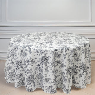 <strong>120" White Polyester Round Tablecloth With Black French Toile Pattern</strong> <strong>120" White Polyester Round Tablecloth With Black French Toile Pattern</strong>