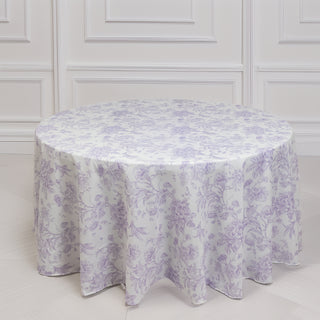 120" White Polyester Round Tablecloth With Lavender French Toile Pattern 120" White Polyester Round Tablecloth With Lavender French Toile Pattern
