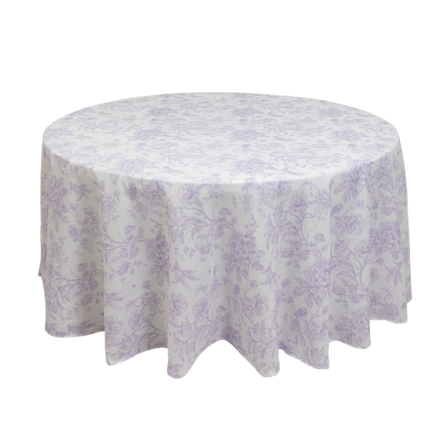 Polyester 120inch Round Tablecloth White - Lavender Lilac French Toile Pattern for Chic Weddings