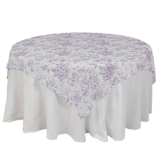 Polyester 70"x70" Table Overlay in White with Lavender Lilac French Toile Pattern Polyester 70"x70" Table Overlay in White with Lavender Lilac French Toile Pattern