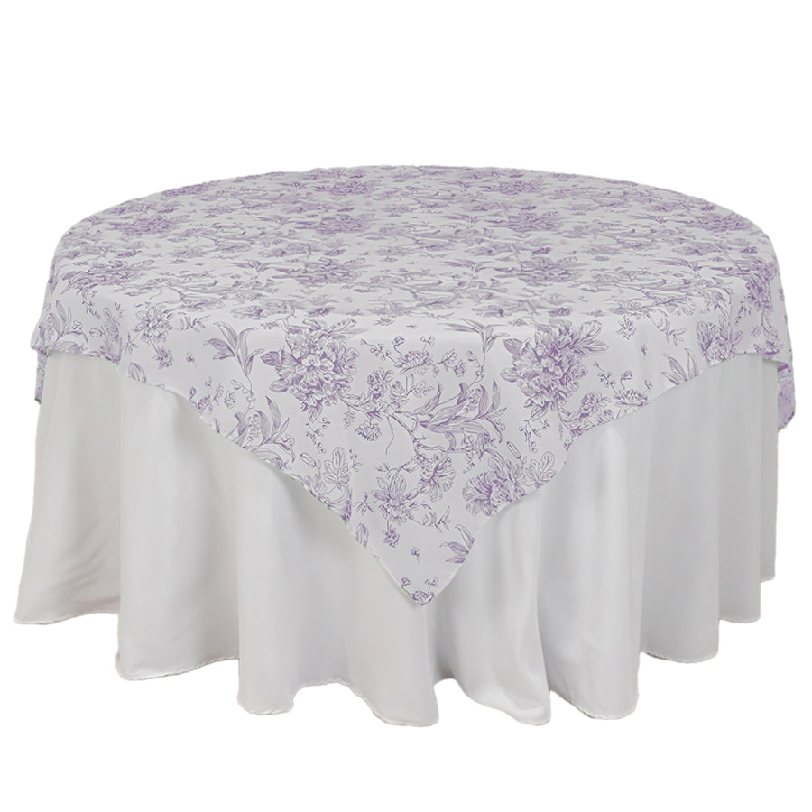 Polyester 70x70inch Table Overlay White - Lavender Lilac French Toile Pattern for Stylish Events