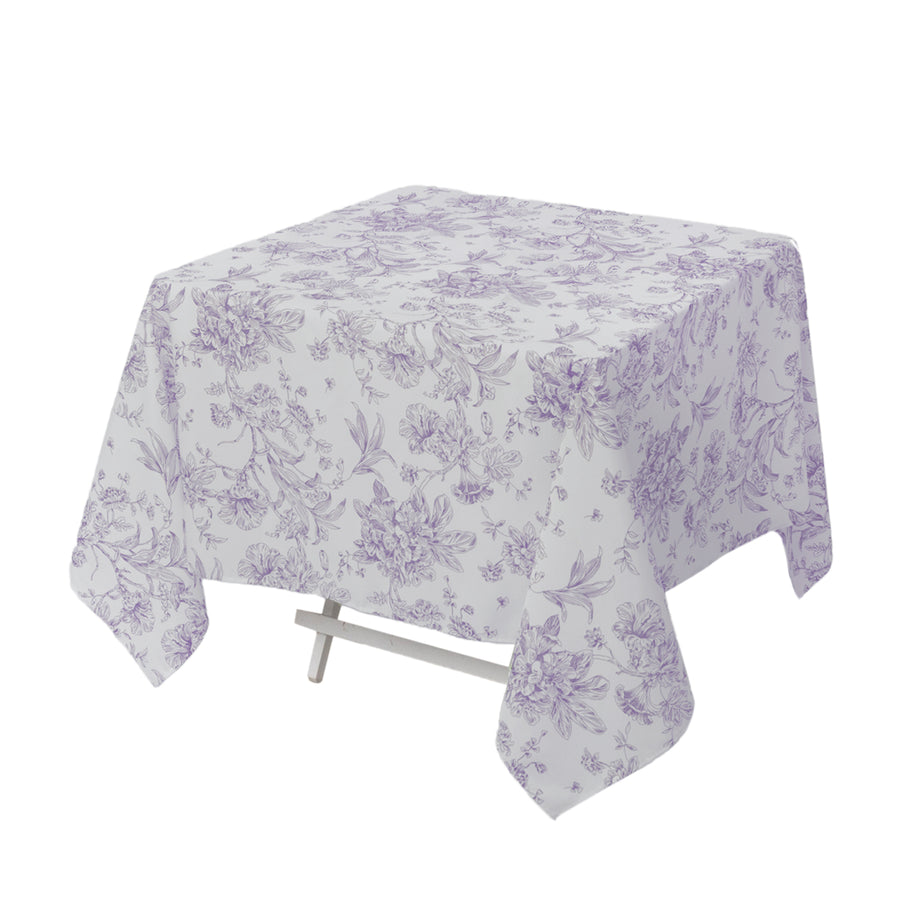 Polyester 70x70inch Square Tablecloth White - Lavender Lilac French Toile Pattern Elegant Occasion