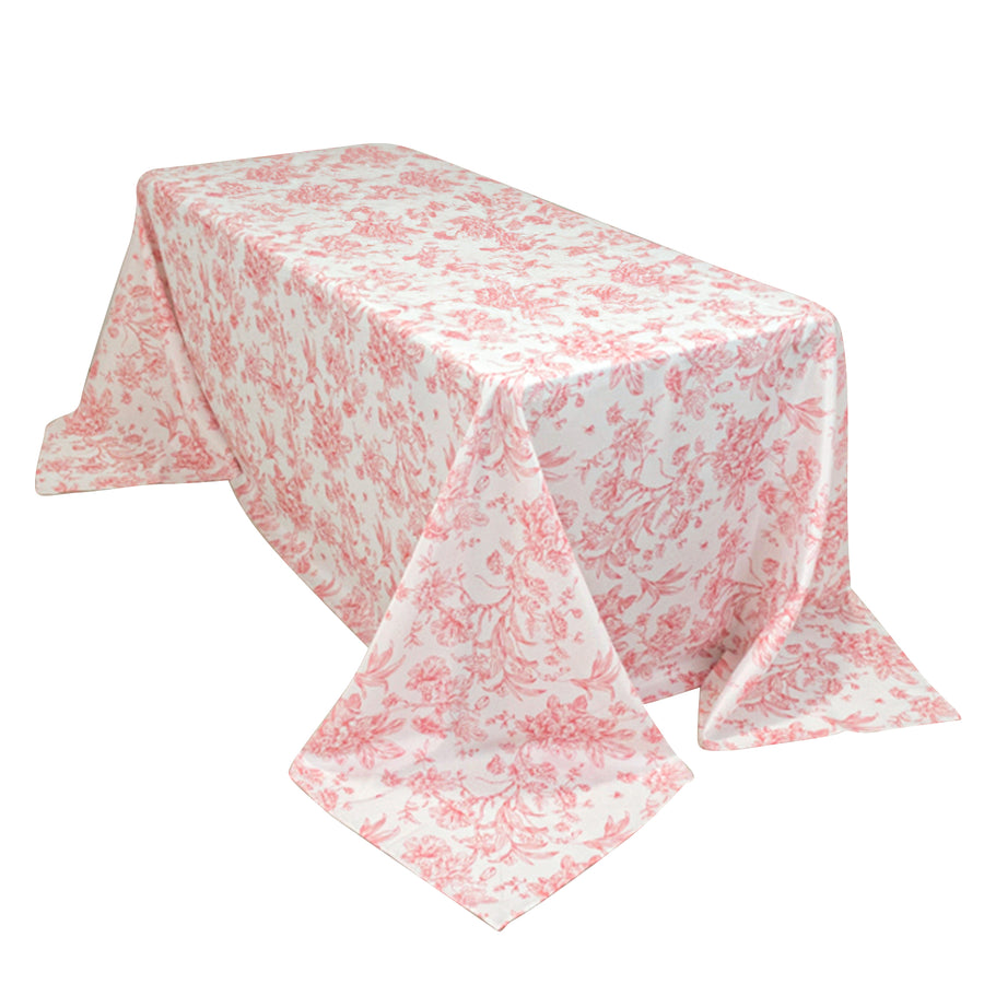 90x132inch White Pink French Toile Polyester Tablecloth, Seamless Floral Rectangle Table