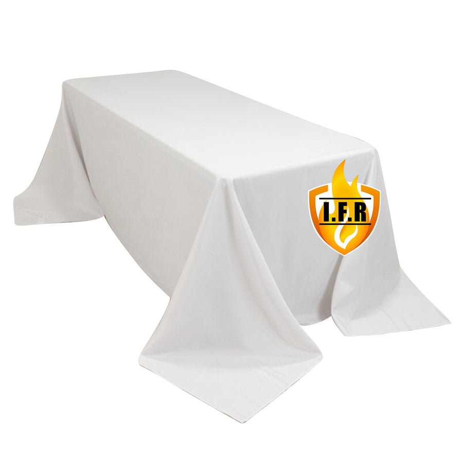 90x132inch White Fire Retardant Tablecloth, Seamless Premium Polyester Rectangular Table Cover