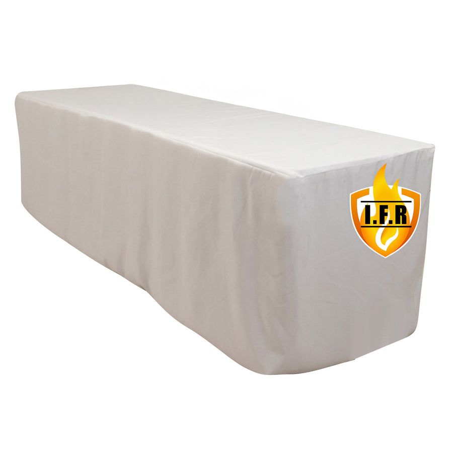 White table cover with L.F.R. logo, ideal for events and presentations.