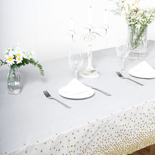 Add Elegance to Your Event with the White Gold Confetti Dots Tablecloth Add Elegance to Your Event with the White Gold Confetti Dots Tablecloth