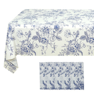 Floral blue and white tablecloth with a vintage design.