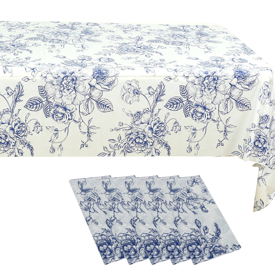 5-Pack Rectangular Plastic Tablecloths – White with Blue French Toile Pattern