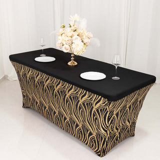 Durable and Reusable - Black Gold Wave Embroidered Sequin 72"x30" Tablecloth Durable and Reusable - Black Gold Wave Embroidered Sequin 72"x30" Tablecloth