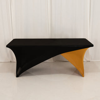 <span>Sophisticated Style with Stretch: Black Gold Cross Over Stretch Spandex Table Cover</span> <span>Sophisticated Style with Stretch: Black Gold Cross Over Stretch Spandex Table Cover</span>