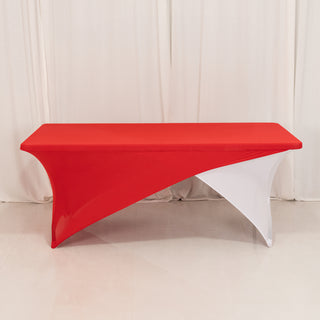 <span>Sophisticated Style with Stretch: Red White Cross Over Stretch Spandex Table Cover</span> <span>Sophisticated Style with Stretch: Red White Cross Over Stretch Spandex Table Cover</span>