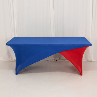 Stylish blue and red modern table with unique curved design.