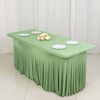 Enhance Your Event Décor with the Sage Green Wavy Spandex Fitted Table Skirt Enhance Your Event Décor with the Sage Green Wavy Spandex Fitted Table Skirt