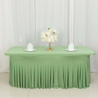 Achieve a Stylish and Ruffled Look with the Sage Green Wavy Spandex Fitted Rectangle 1-Piece Tablecloth Table Skirt Achieve a Stylish and Ruffled Look with the Sage Green Wavy Spandex Fitted Rectangle 1-Piece Tablecloth Table Skirt