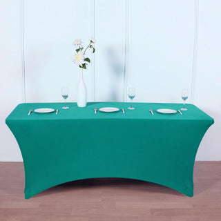 Add Elegance to Your Event with the 6ft Peacock Teal Rectangular Stretch Spandex Tablecloth