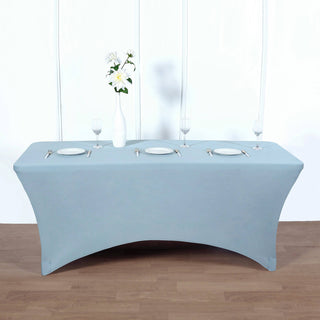 Add Elegance to Your Event with the 8ft Dusty Blue Rectangular Stretch Spandex Tablecloth Add Elegance to Your Event with the 8ft Dusty Blue Rectangular Stretch Spandex Tablecloth