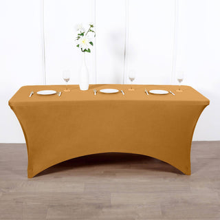 Add a Touch of Elegance with the 8ft Gold Rectangular Stretch Spandex Tablecloth Add a Touch of Elegance with the 8ft Gold Rectangular Stretch Spandex Tablecloth