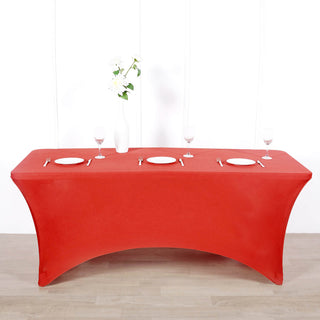 Add Elegance to Your Event with the 8ft Red Rectangular Stretch Spandex Tablecloth Add Elegance to Your Event with the 8ft Red Rectangular Stretch Spandex Tablecloth