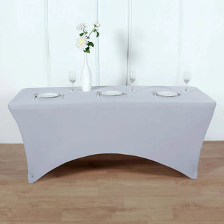 Elevate Your Event with the 8ft Silver Rectangular Stretch Spandex Tablecloth Elevate Your Event with the 8ft Silver Rectangular Stretch Spandex Tablecloth