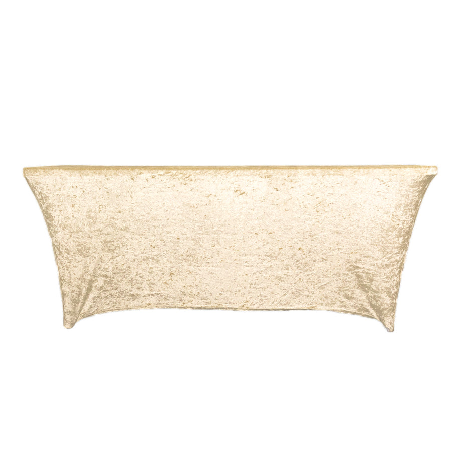 6ft Beige Crushed Velvet Spandex Fitted Rectangular Table Cover#whtbkgd