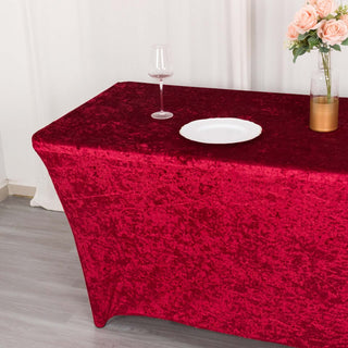 Enhance Your Event with the Stunning Red Crushed Velvet Spandex Fitted Rectangular Table Cover Enhance Your Event with the Stunning Red Crushed Velvet Spandex Fitted Rectangular Table Cover