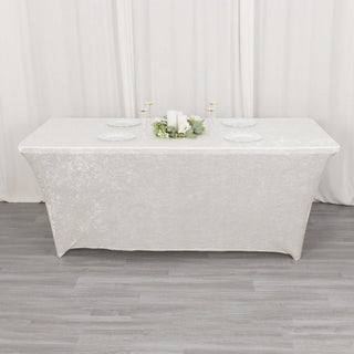 Elevate Your Event with the White Crushed Velvet Spandex Fitted Rectangular Table Cover Elevate Your Event with the White Crushed Velvet Spandex Fitted Rectangular Table Cover