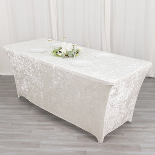 Create Memorable Events with the White Crushed Velvet Spandex Fitted Rectangular Table Cover